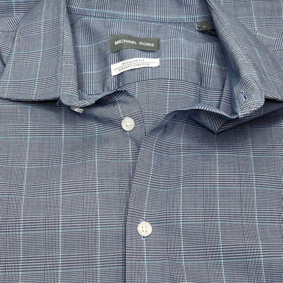 Michael Kors Non Iron Shirt Men's Size 17 32/33 Cotton Button Up Blue Plaid - Picture 6 of 7